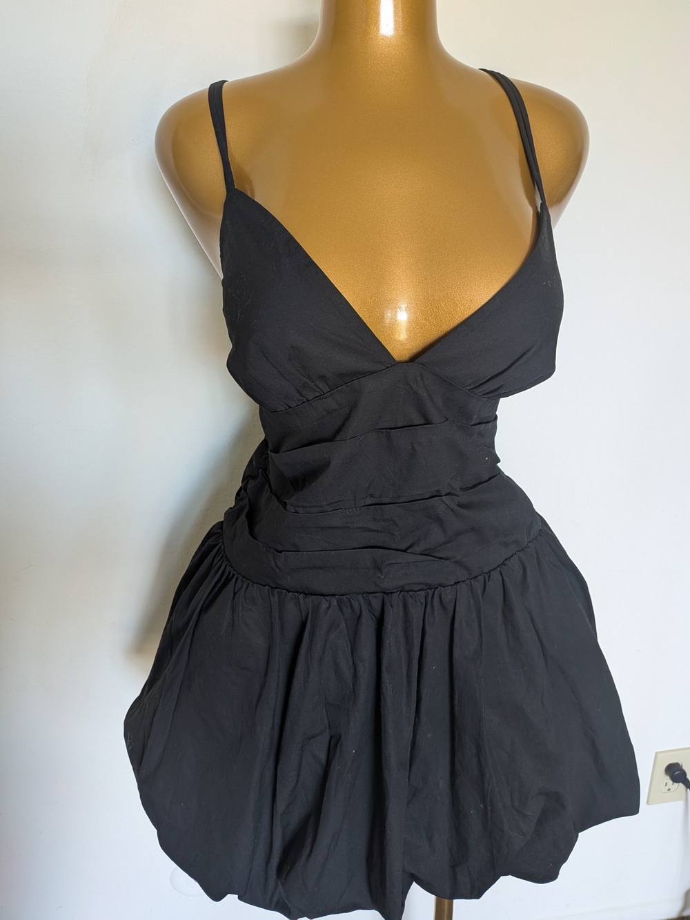 Black V-Neck Ruched Bubble Hem Mini Dress Spaghetti Strap Cocktail Party Dress-L